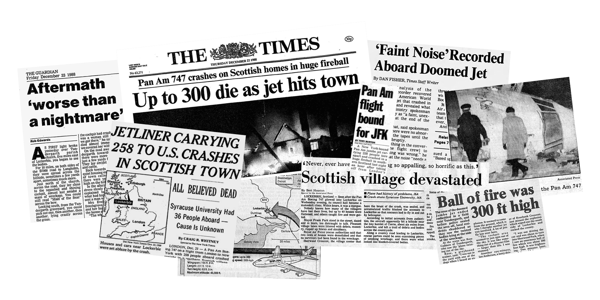 Collage of newspaper headlines about 1988 terrorist bombing of Pan Am flight 103