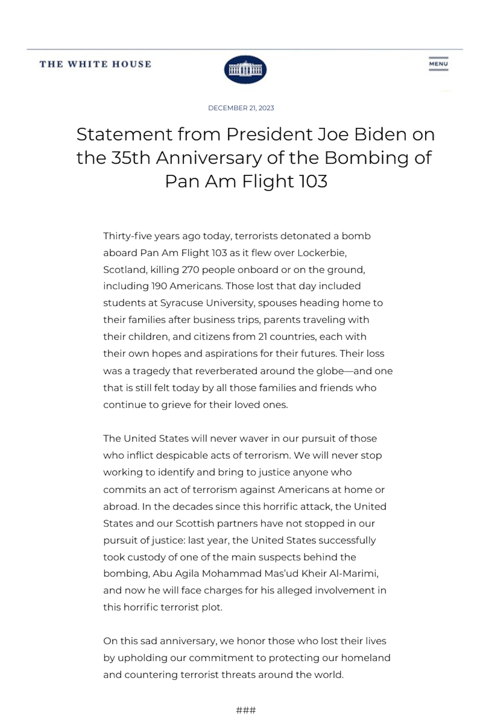 President Joe Biden's Statement on the 35th Anniversary of the Bombing of Pan Am Flight 103