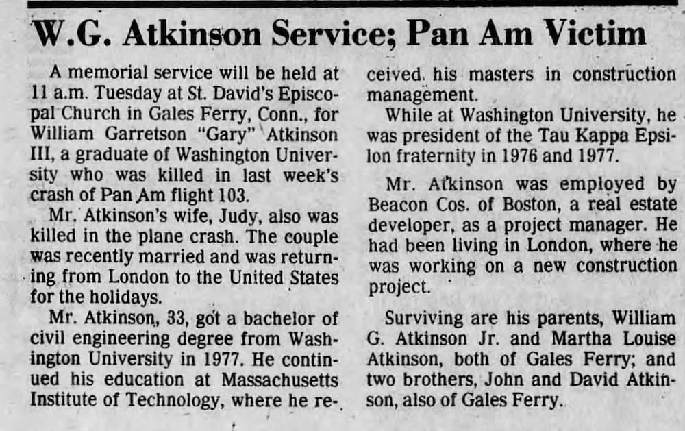 William Atkinson III Pan Am 103 Lockerbie Legacy Foundation