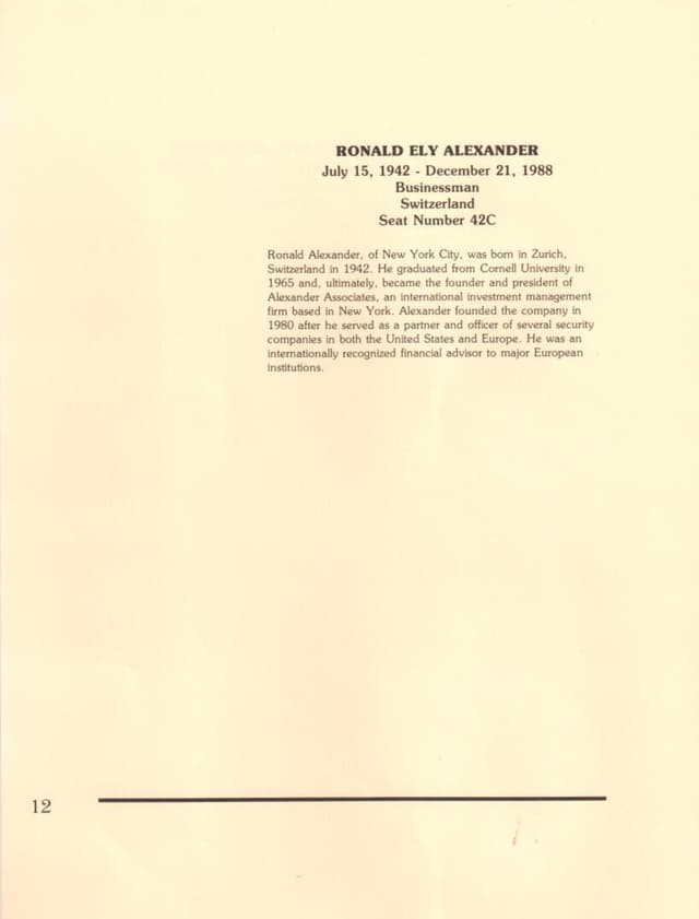 Alexander Ronald Rances Ronald Alexander | Pan Am 103 Lockerbie Legacy Foundation
