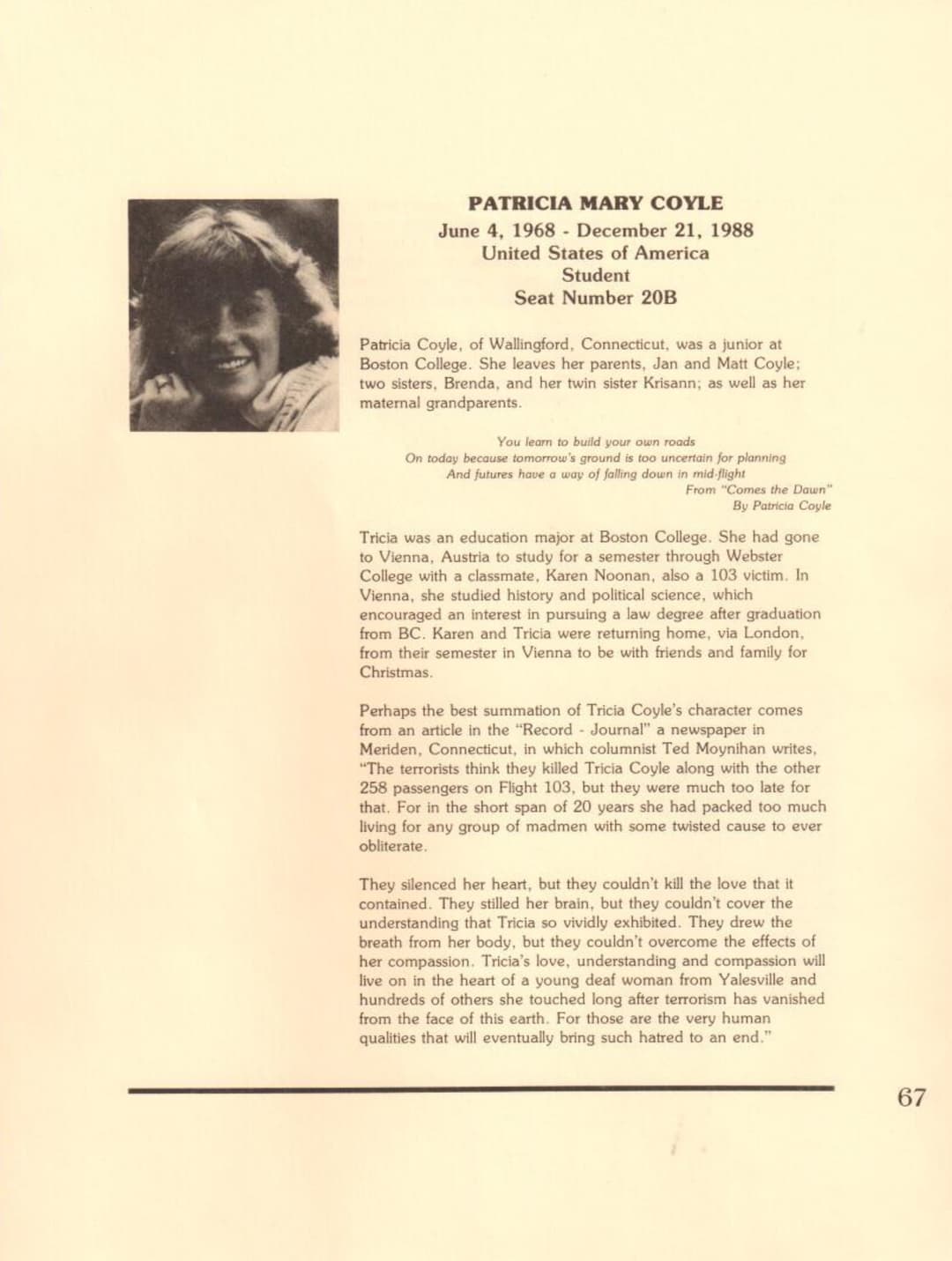 Patricia Coyle | Pan Am 103 Lockerbie Legacy Foundation